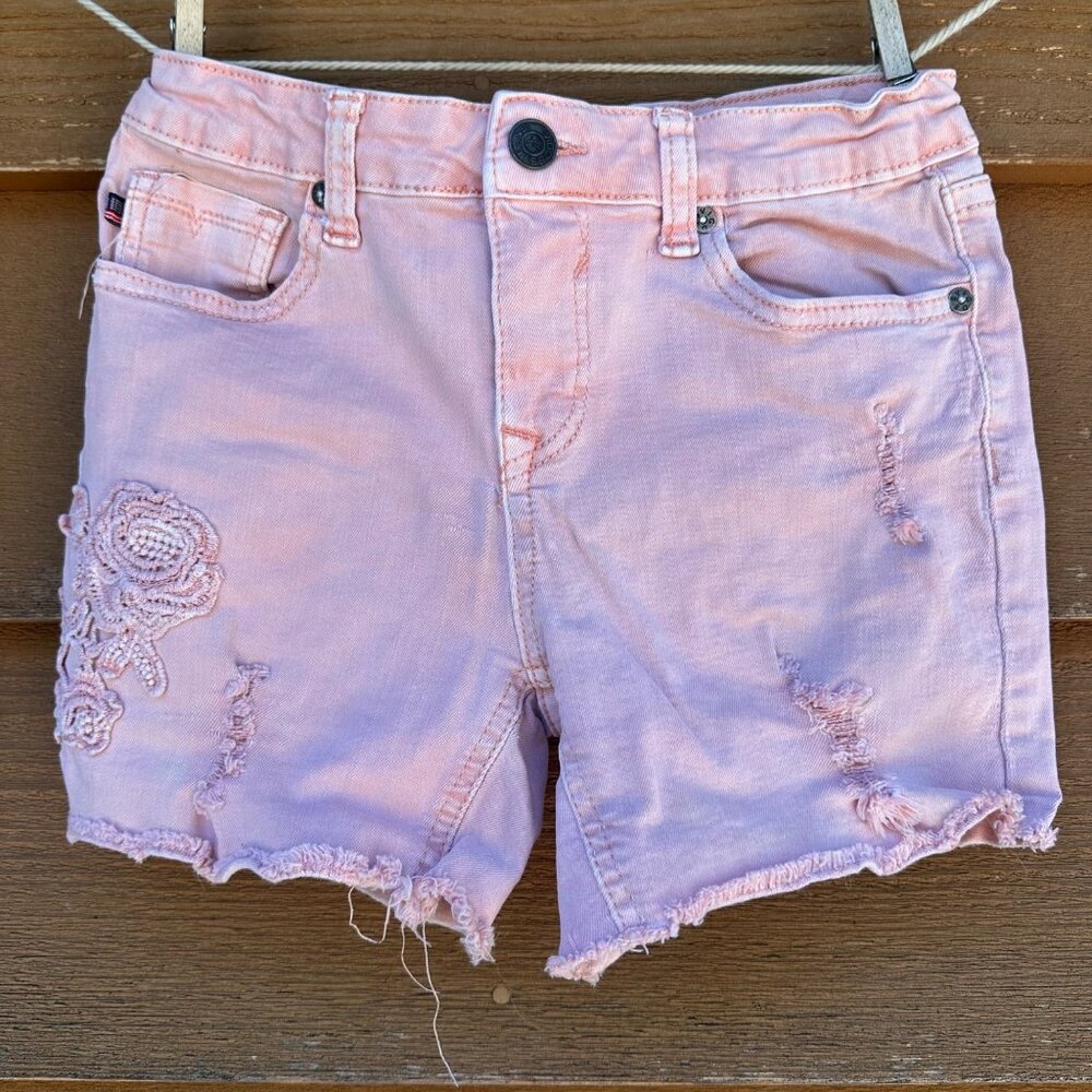 Vigoss Girls Pink Mid-Shorts With Embroidered Rose Distressed Look Adjustable Wa